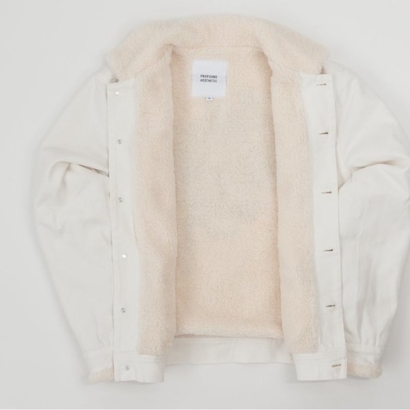 Profound Aesthetic white denim fleece lined trucker jacket | L | embroidered bk - Picture 2 of 15